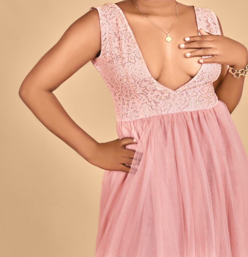 Deep neckline, armless, A-line dress in peach - Image 3