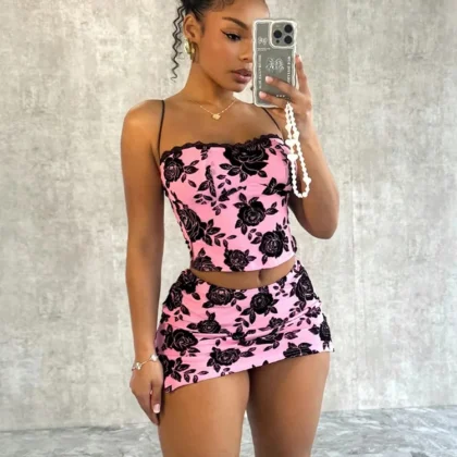 Weird Puss Flower Print Women 2 Piece Set Elegant Summer Trend Lace Bow Camisole+Peach Hip Skirts Matching Streetwear Outfits